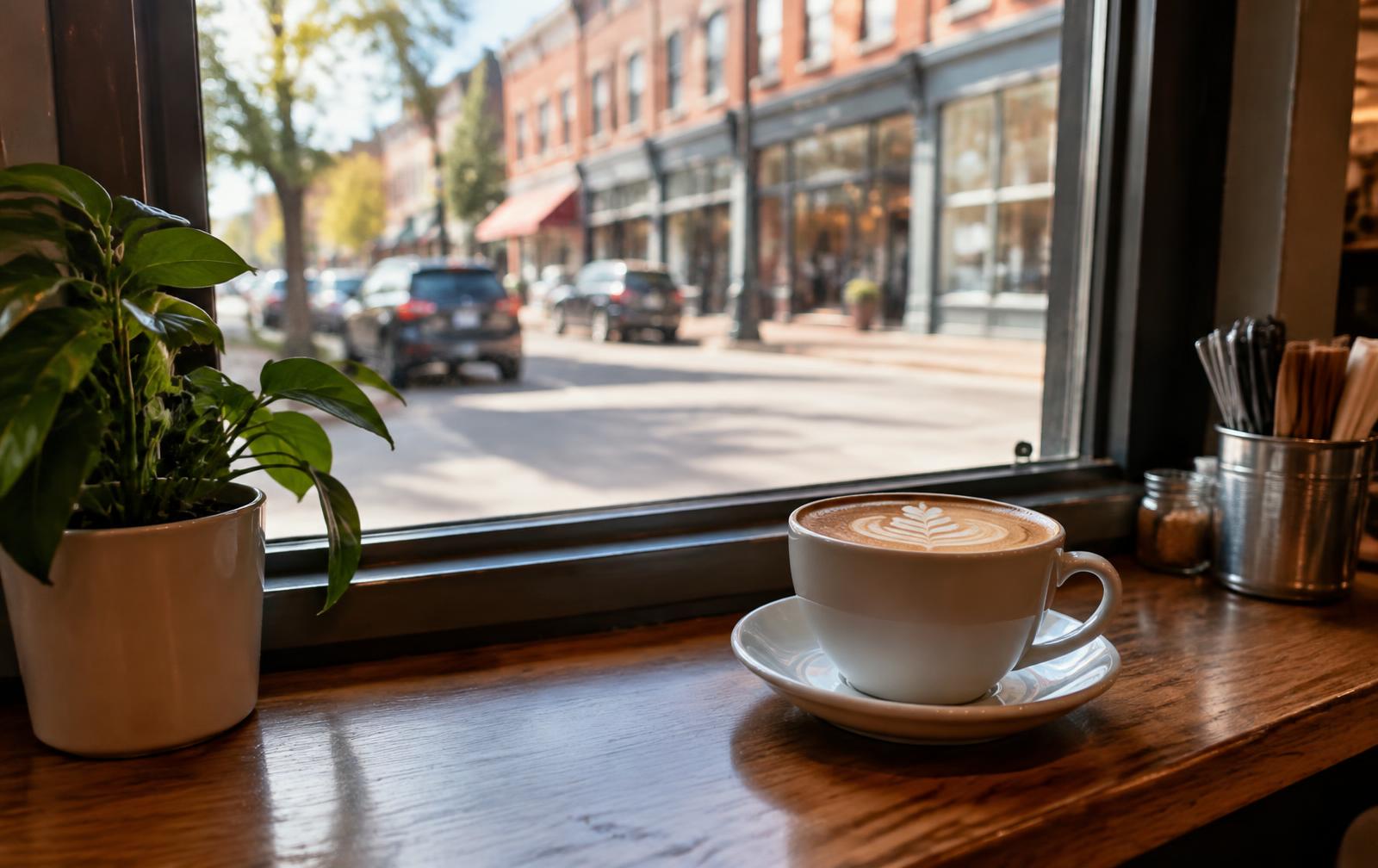 A latte in a coffee-shop window looking out on brick storefronts in downtown Belmont