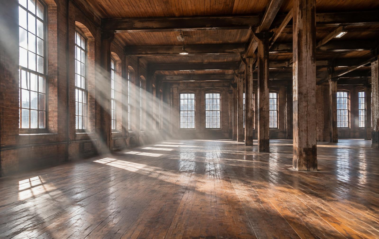 Sunlight through the arched windows of an empty historic cotton mill floor with timber columns