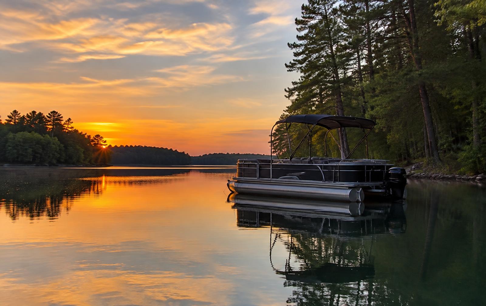 A pontoon boat in a quiet wooded Lake Wylie cove at sunset