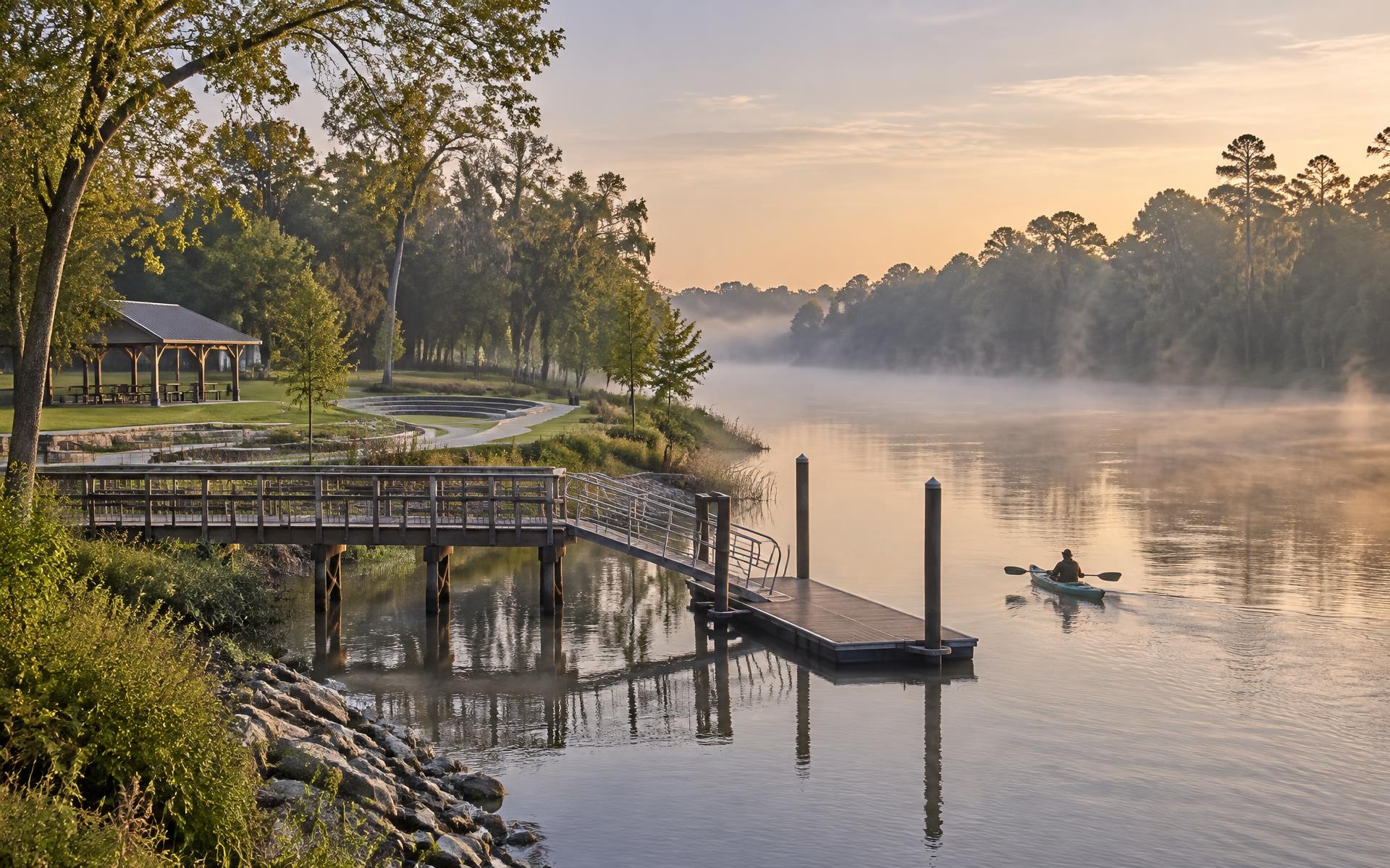 The Catawba River waterfront at Belmont, North Carolina, with a fishing pier, kayak launch, and the Charlotte skyline in the distance